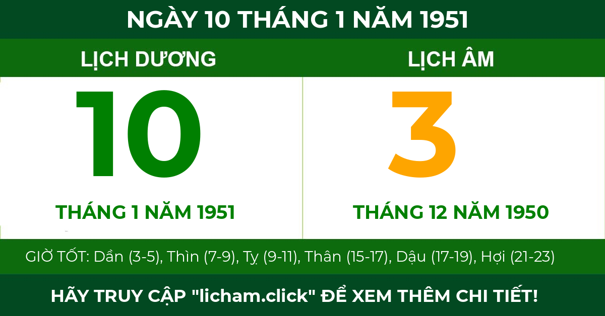 lịch âm ngày 10 tháng 1 năm 1951