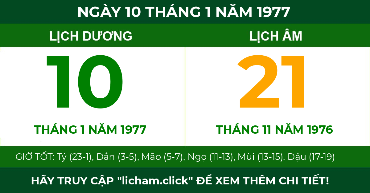lịch âm ngày 10 tháng 1 năm 1977