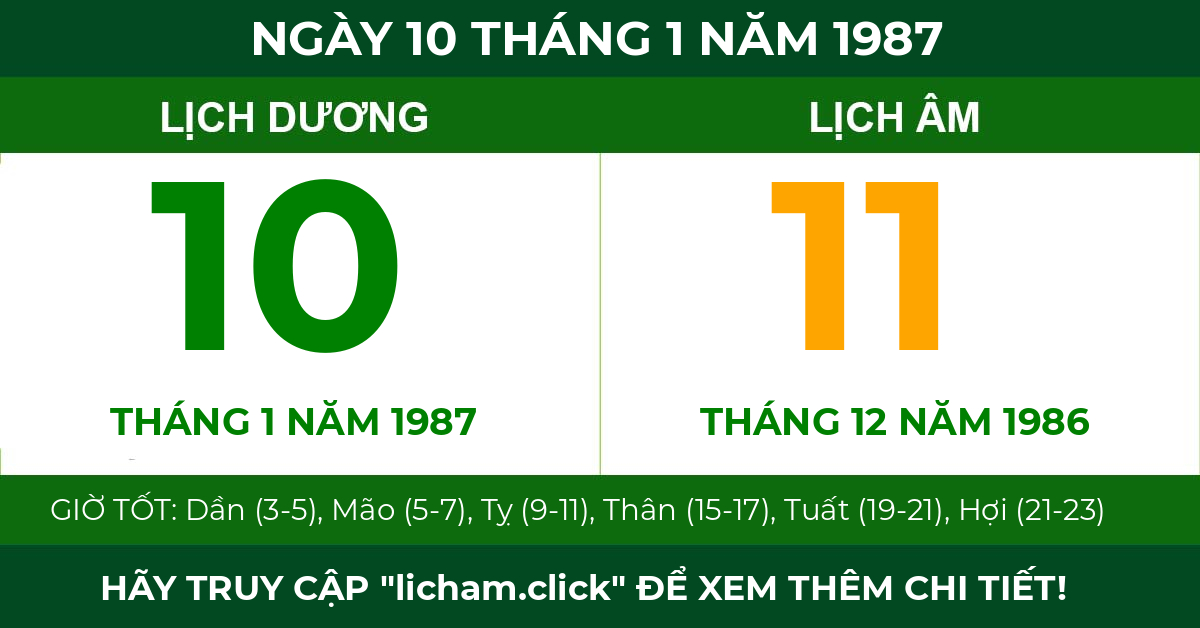 lịch âm ngày 10 tháng 1 năm 1987