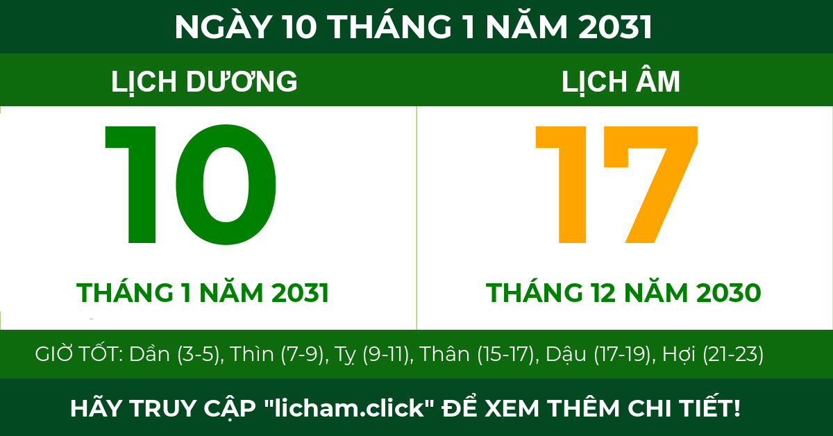 lịch âm ngày 10 tháng 1 năm 2031