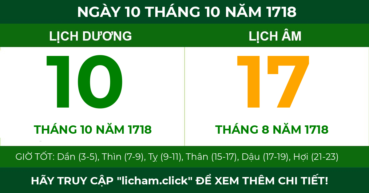 lịch âm ngày 10 tháng 10 năm 1718
