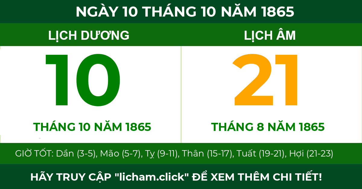 lịch âm ngày 10 tháng 10 năm 1865