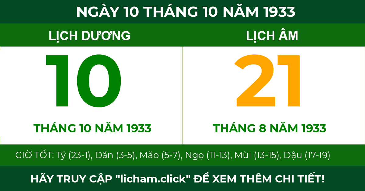 lịch âm ngày 10 tháng 10 năm 1933