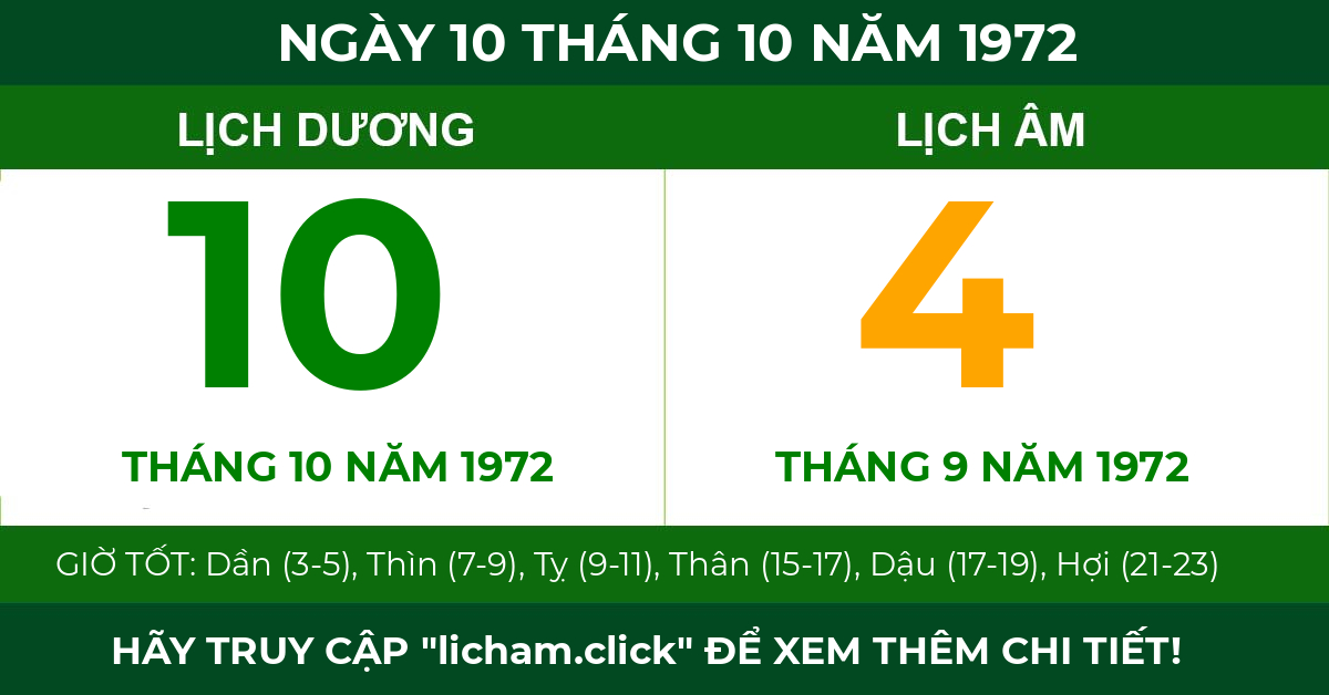 lịch âm ngày 10 tháng 10 năm 1972