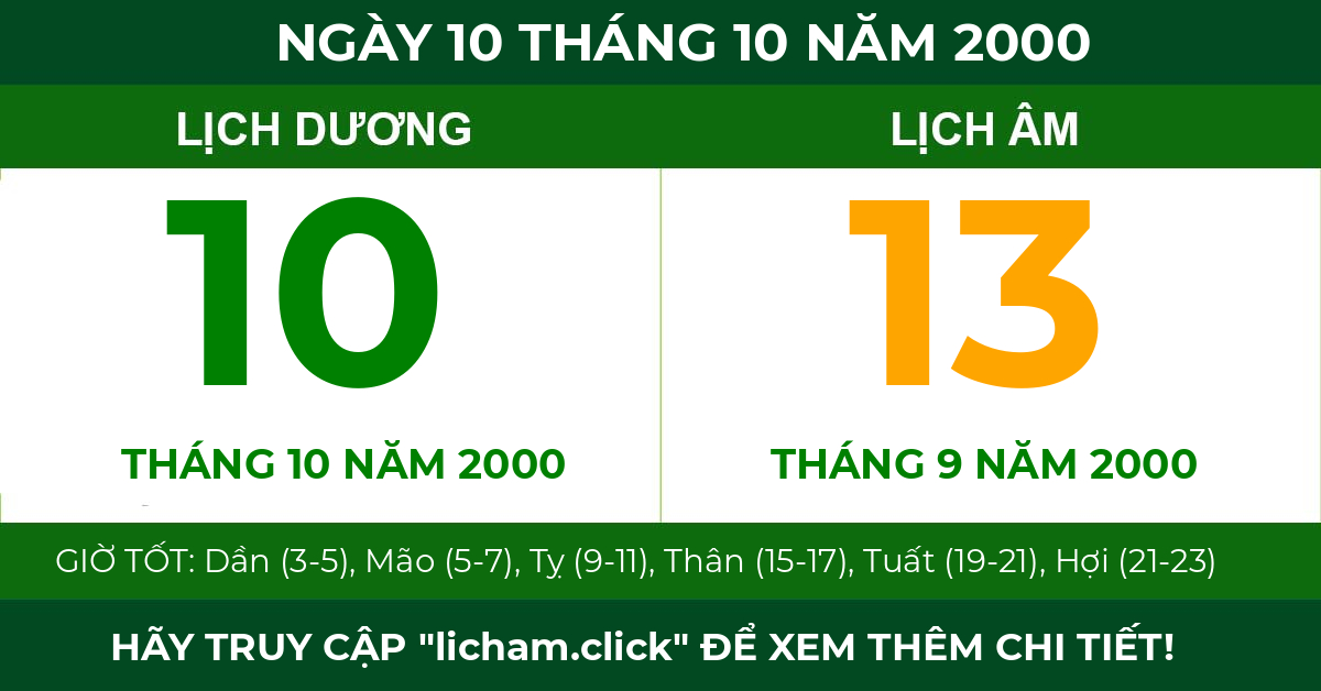 lịch âm ngày 10 tháng 10 năm 2000