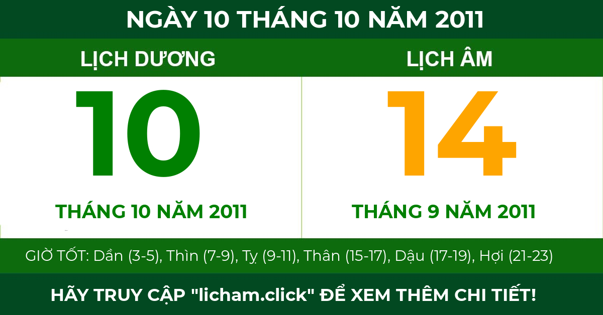 lịch âm ngày 10 tháng 10 năm 2011