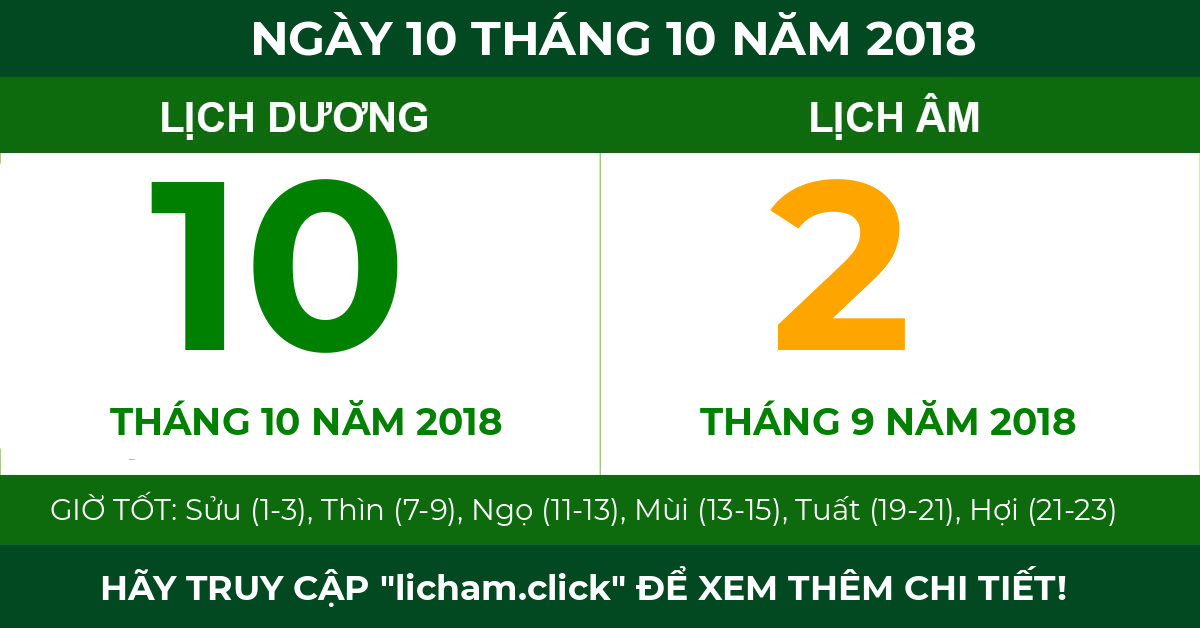 lịch âm ngày 10 tháng 10 năm 2018