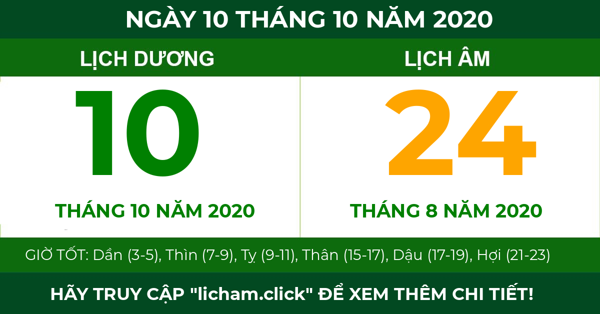 lịch âm ngày 10 tháng 10 năm 2020