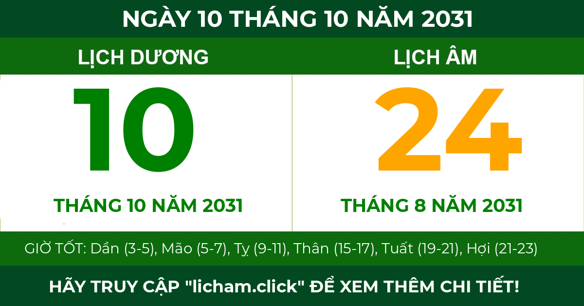 lịch âm ngày 10 tháng 10 năm 2031