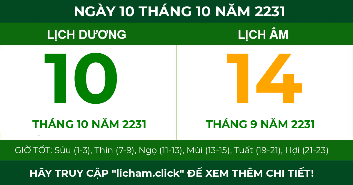lịch âm ngày 10 tháng 10 năm 2231