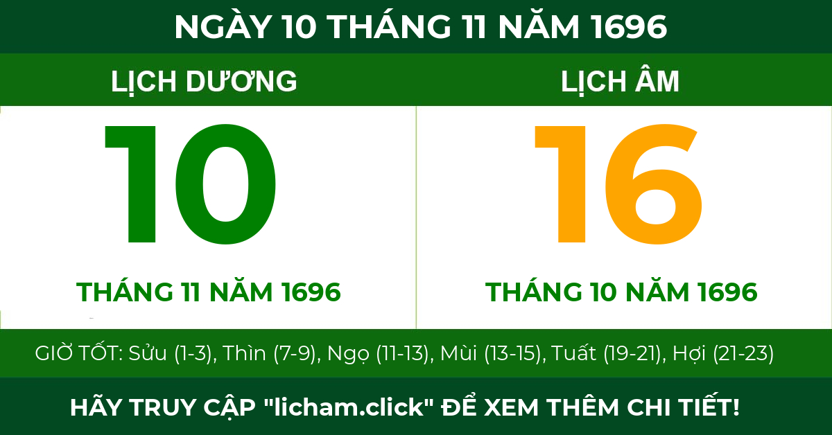 lịch âm ngày 10 tháng 11 năm 1696