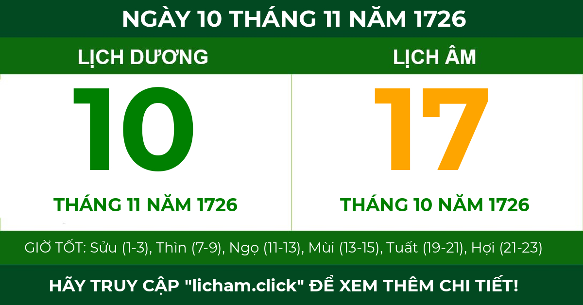 lịch âm ngày 10 tháng 11 năm 1726