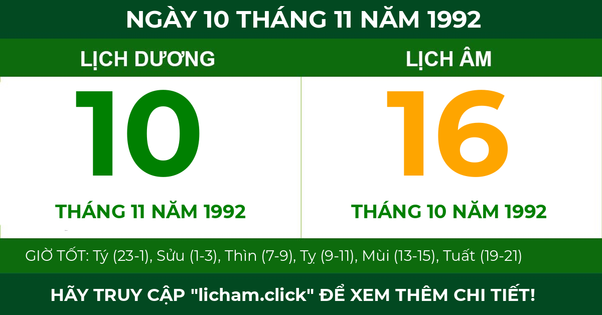 lịch âm ngày 10 tháng 11 năm 1992