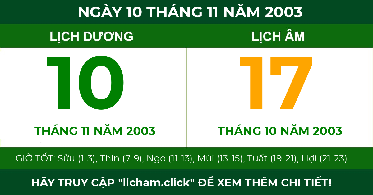 lịch âm ngày 10 tháng 11 năm 2003