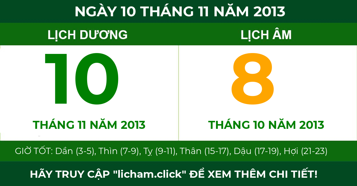 lịch âm ngày 10 tháng 11 năm 2013