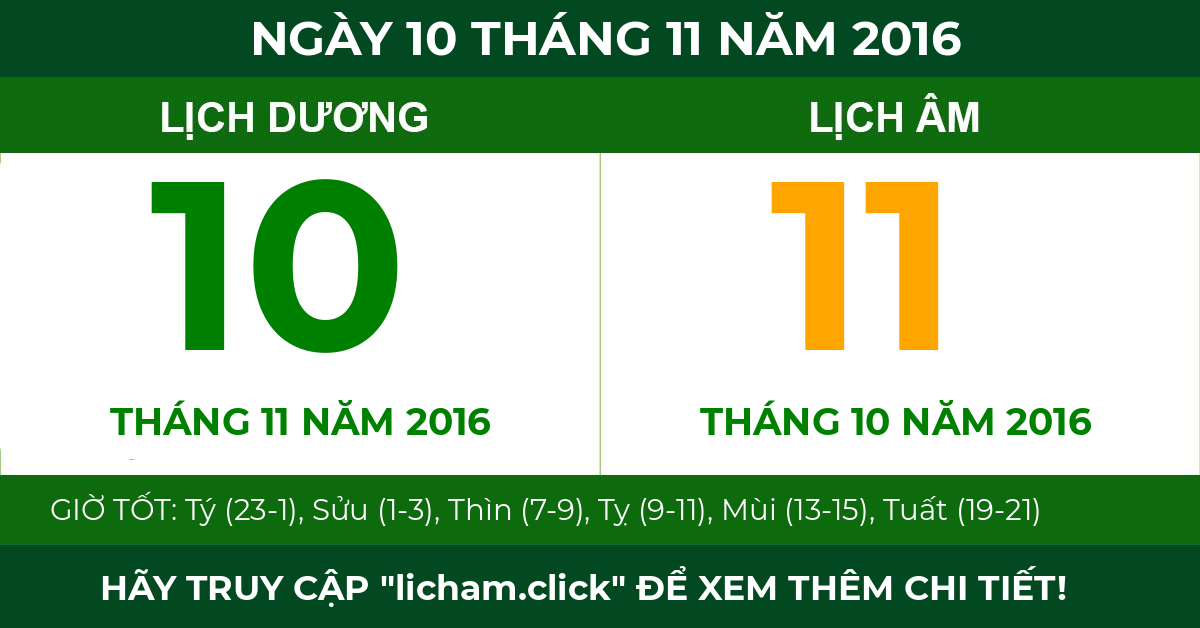 lịch âm ngày 10 tháng 11 năm 2016