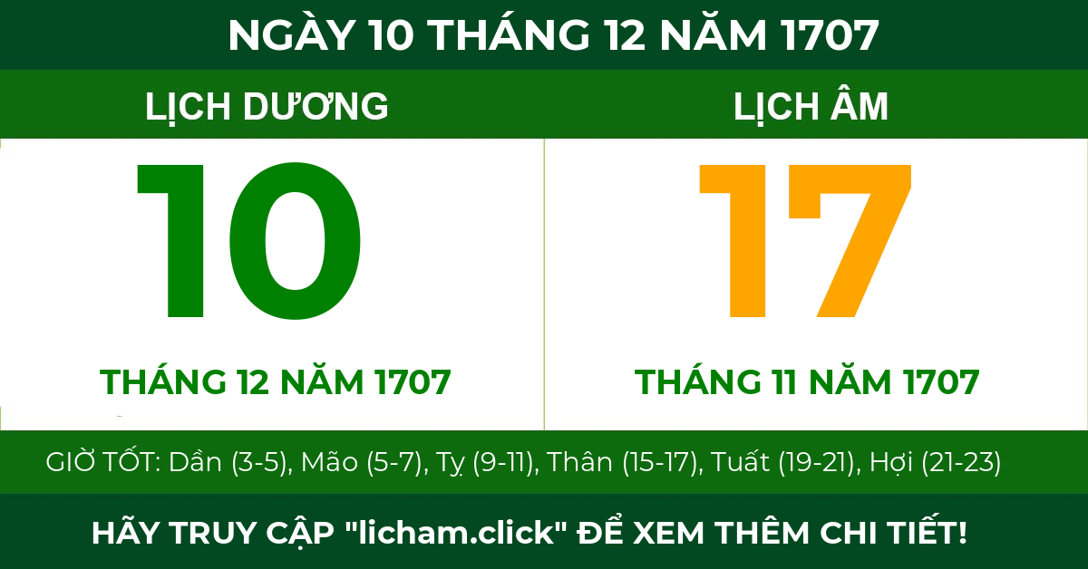 lịch âm ngày 10 tháng 12 năm 1707