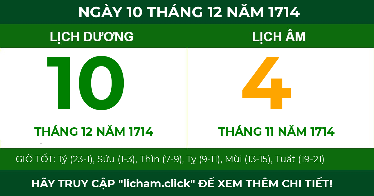 lịch âm ngày 10 tháng 12 năm 1714