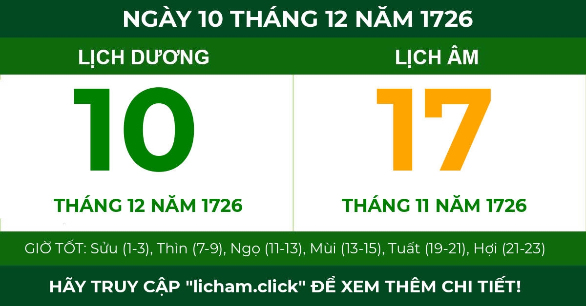 lịch âm ngày 10 tháng 12 năm 1726