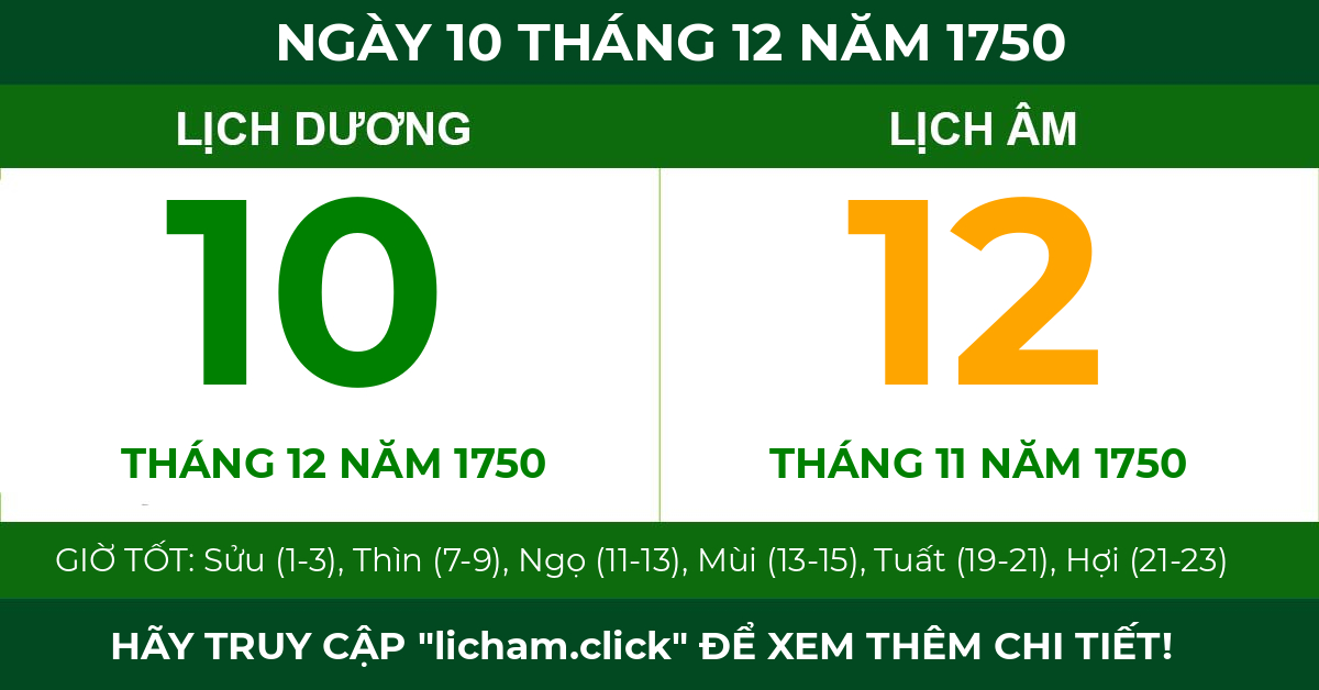 lịch âm ngày 10 tháng 12 năm 1750