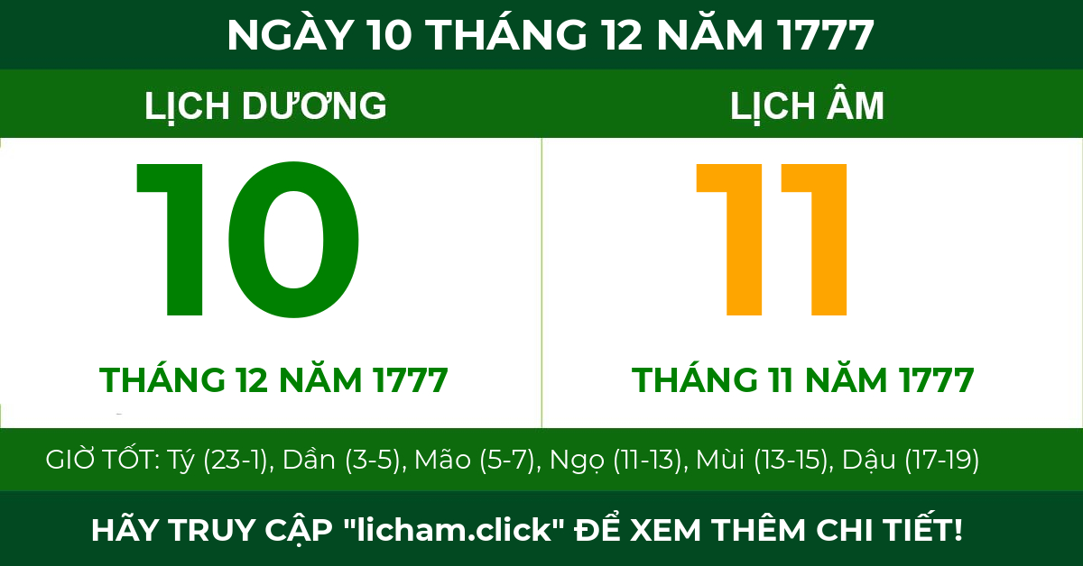 lịch âm ngày 10 tháng 12 năm 1777
