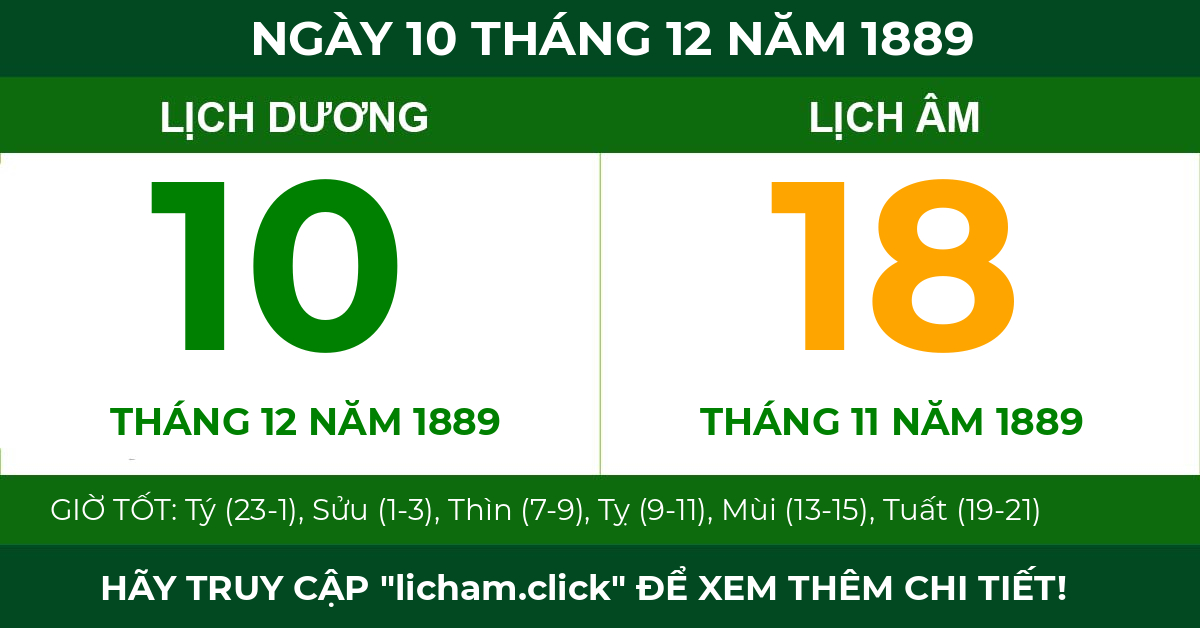 lịch âm ngày 10 tháng 12 năm 1889