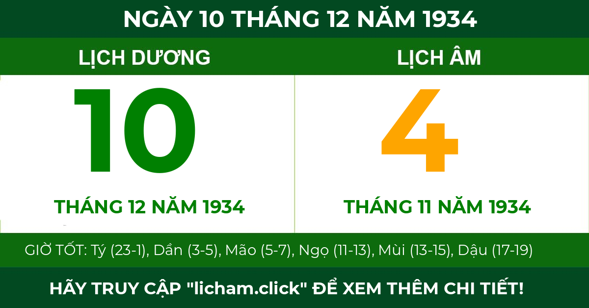 lịch âm ngày 10 tháng 12 năm 1934