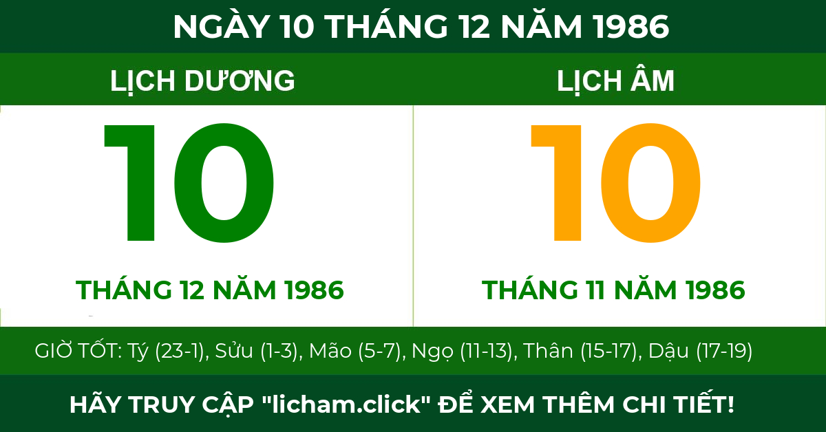 lịch âm ngày 10 tháng 12 năm 1986