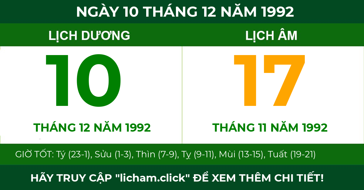 lịch âm ngày 10 tháng 12 năm 1992