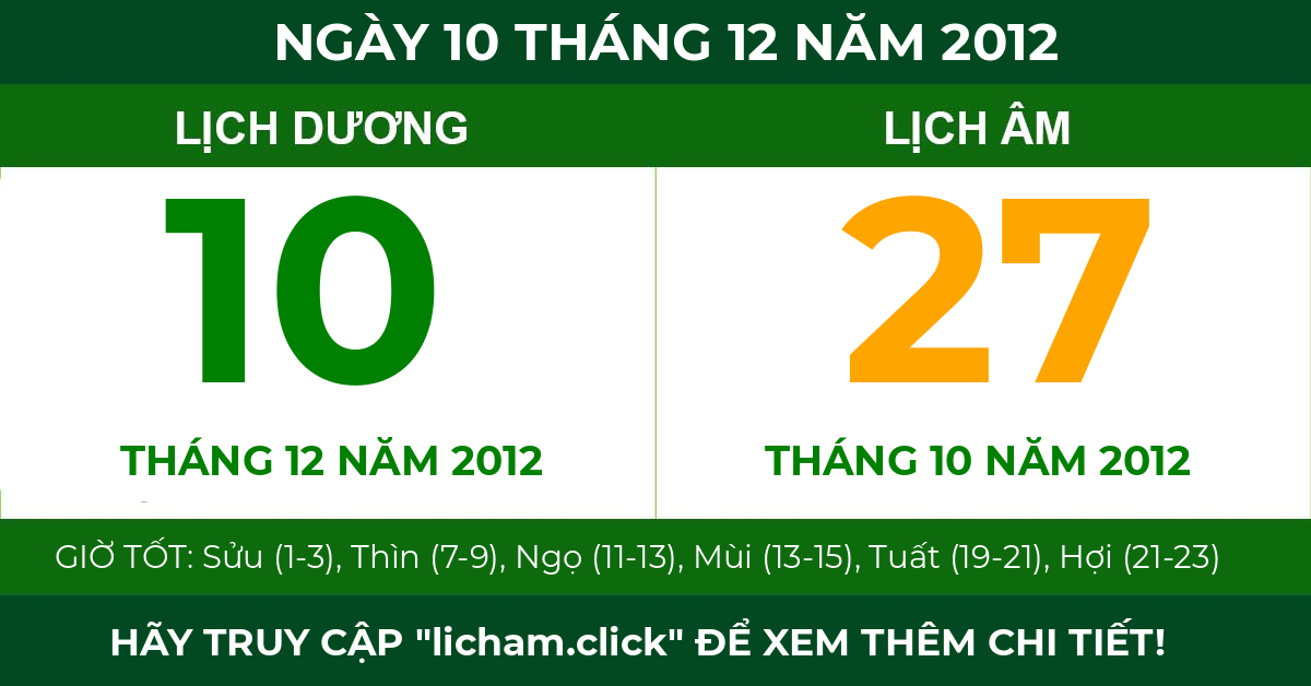 lịch âm ngày 10 tháng 12 năm 2012