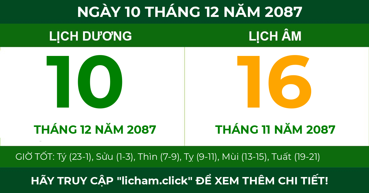 lịch âm ngày 10 tháng 12 năm 2087