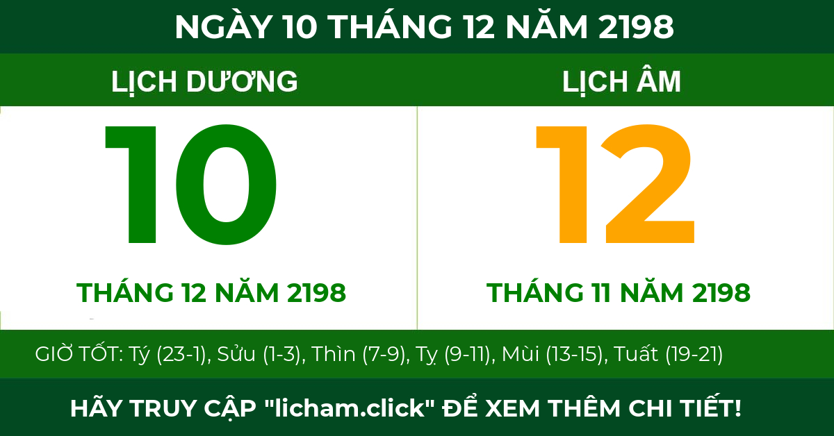 lịch âm ngày 10 tháng 12 năm 2198
