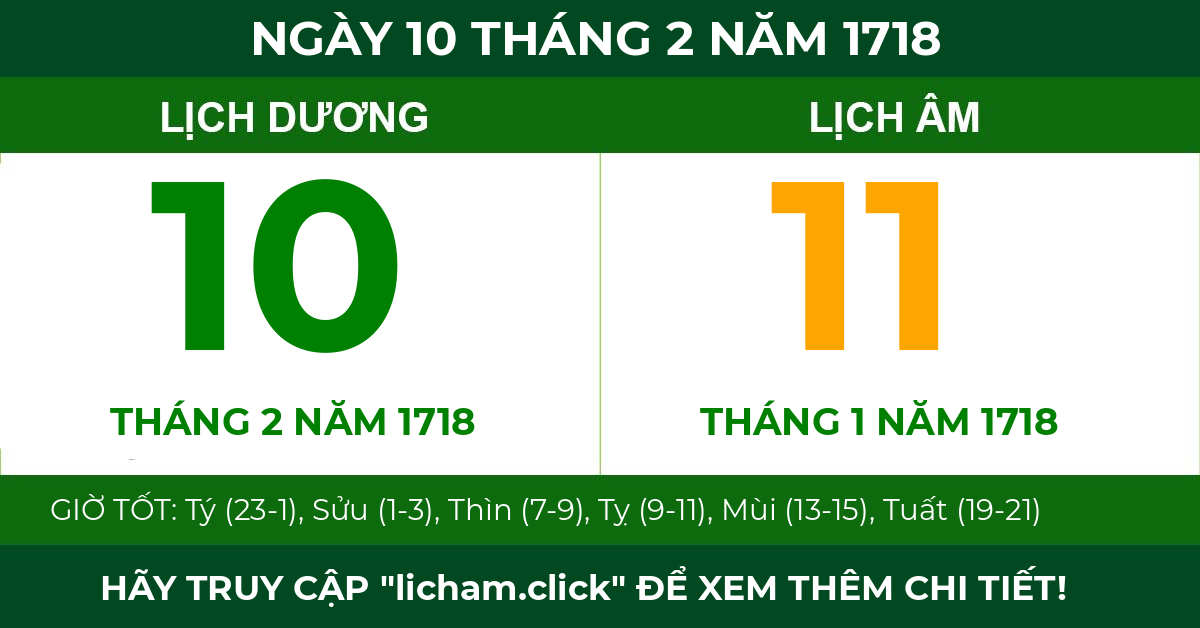 lịch âm ngày 10 tháng 2 năm 1718