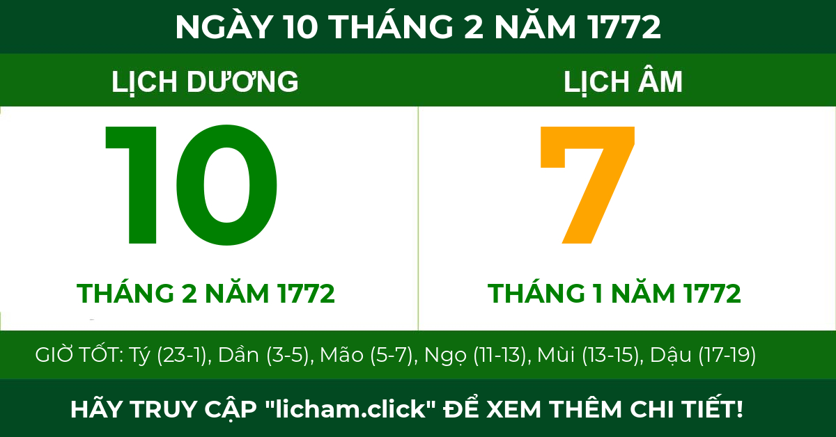 lịch âm ngày 10 tháng 2 năm 1772