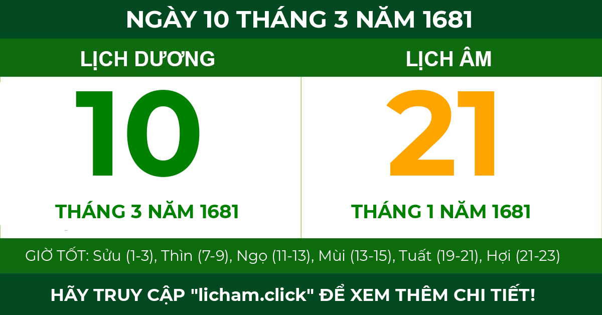 lịch âm ngày 10 tháng 3 năm 1681