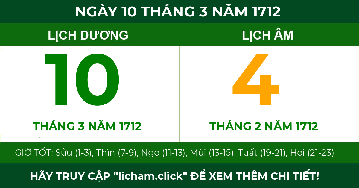 lịch âm ngày 10 tháng 3 năm 1712