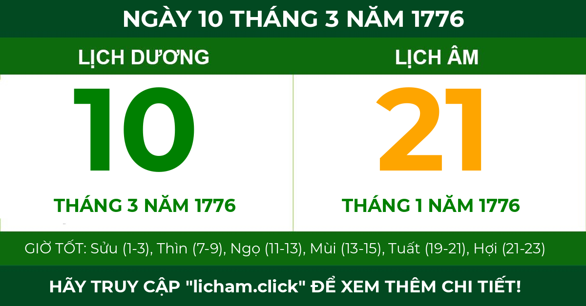 lịch âm ngày 10 tháng 3 năm 1776