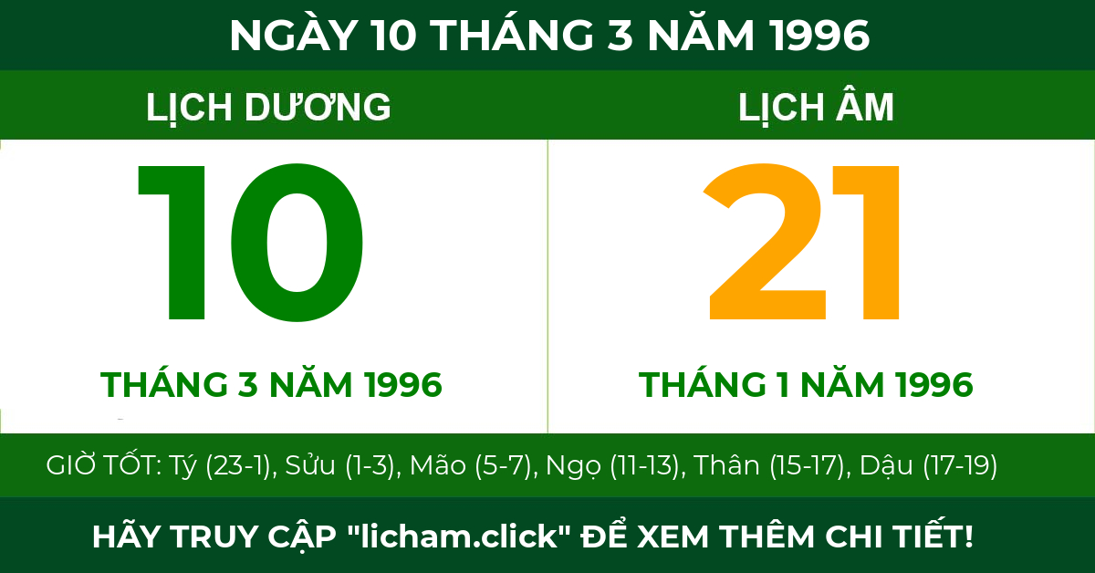 lịch âm ngày 10 tháng 3 năm 1996