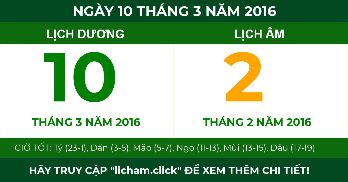 lịch âm ngày 10 tháng 3 năm 2016