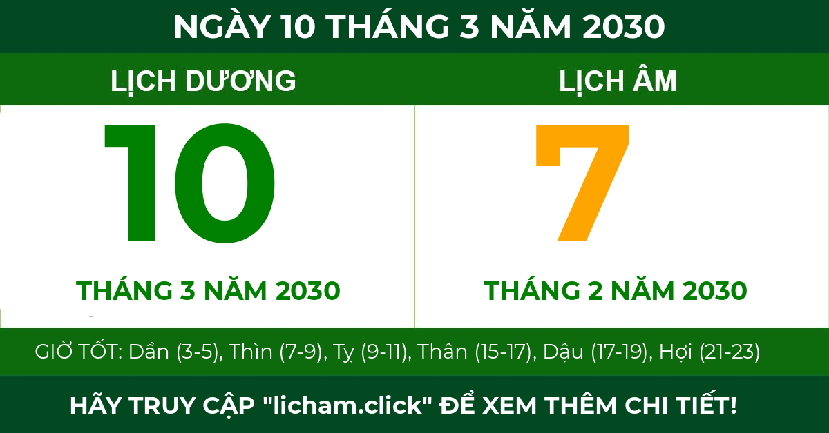 lịch âm ngày 10 tháng 3 năm 2030