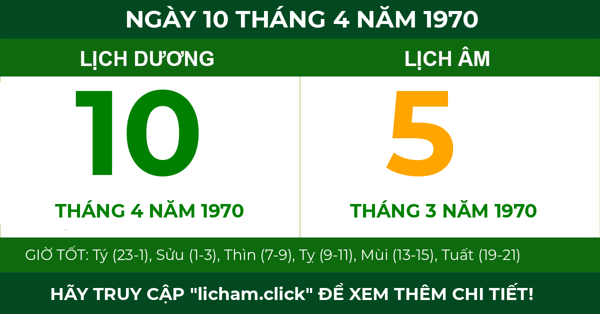 lịch âm ngày 10 tháng 4 năm 1970