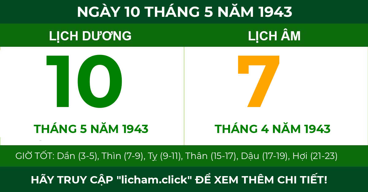 lịch âm ngày 10 tháng 5 năm 1943