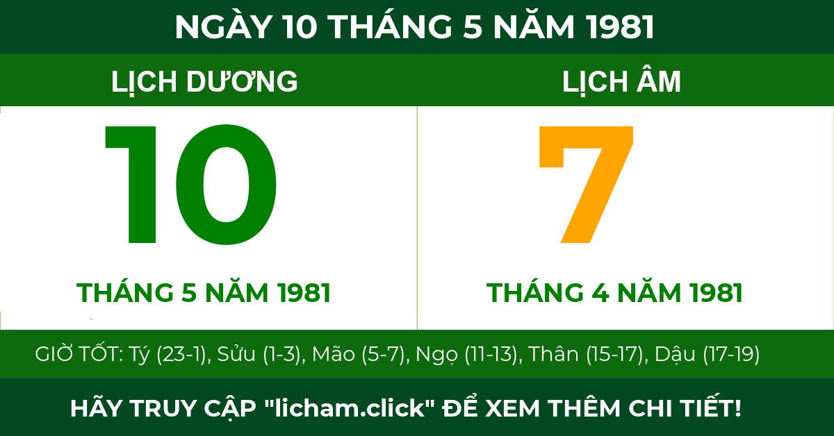 lịch âm ngày 10 tháng 5 năm 1981