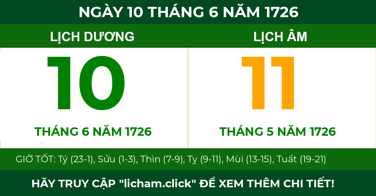 lịch âm ngày 10 tháng 6 năm 1726