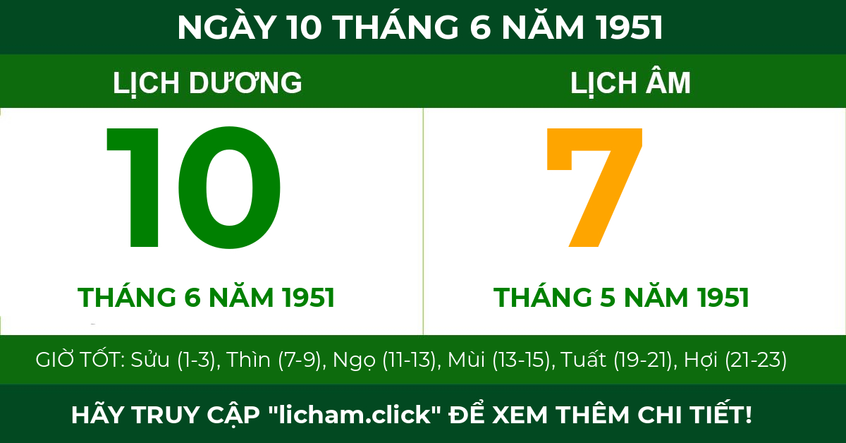lịch âm ngày 10 tháng 6 năm 1951