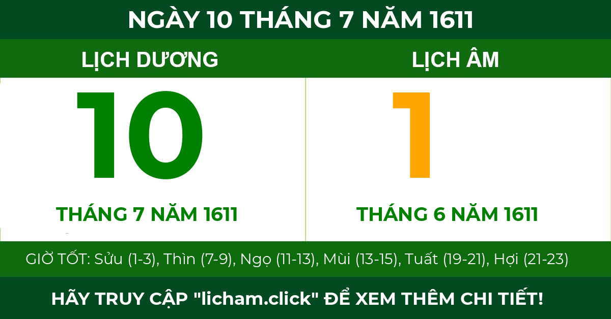 lịch âm ngày 10 tháng 7 năm 1611