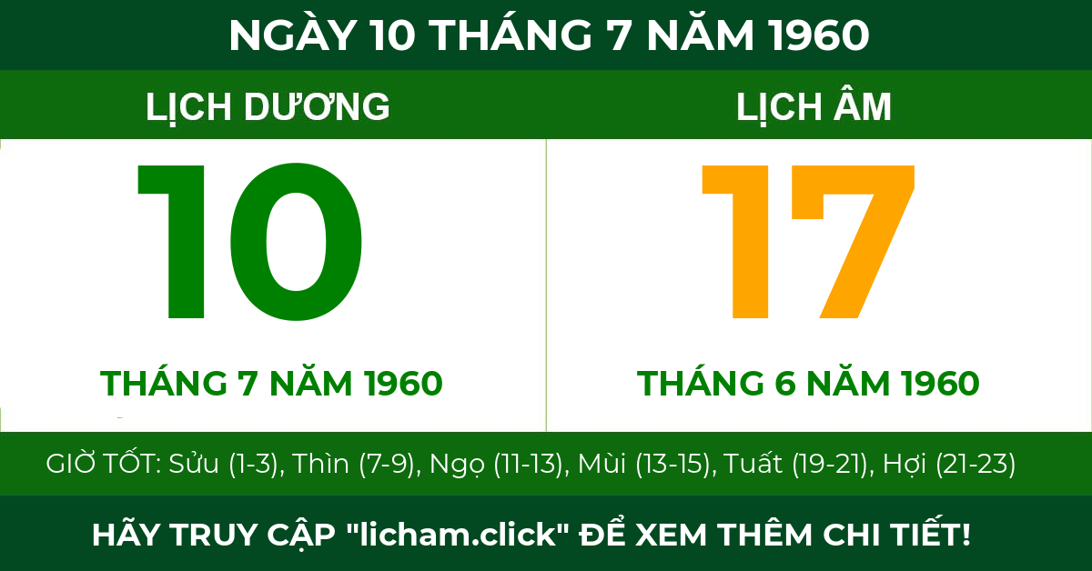 lịch âm ngày 10 tháng 7 năm 1960