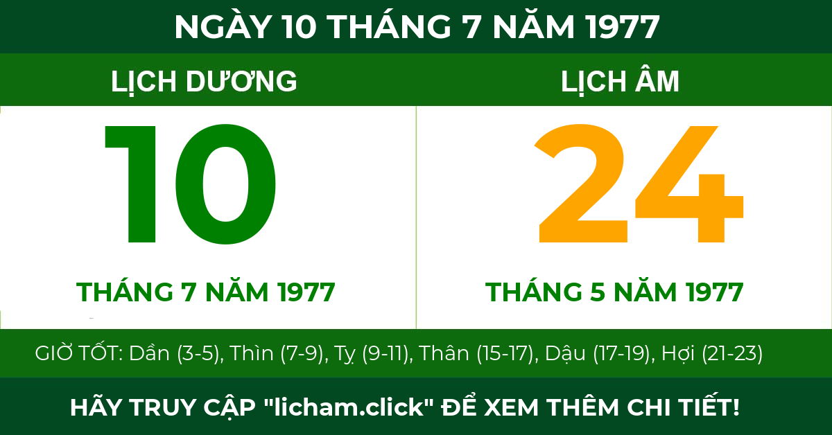 lịch âm ngày 10 tháng 7 năm 1977
