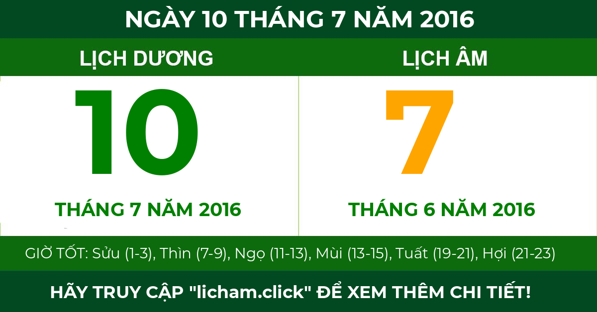 lịch âm ngày 10 tháng 7 năm 2016
