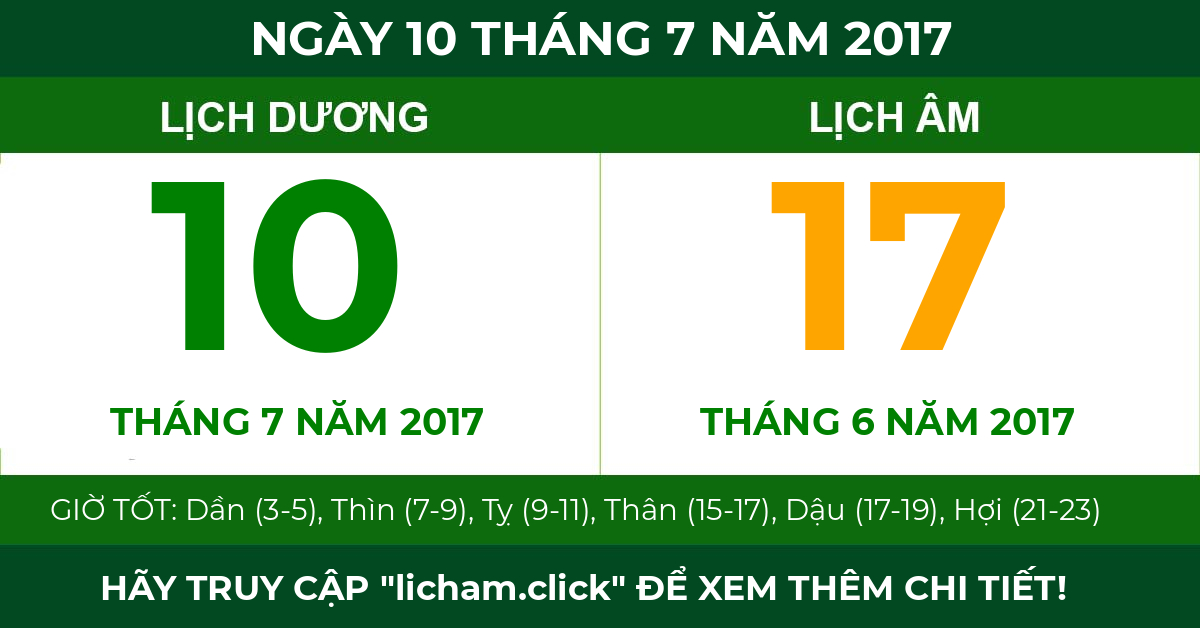 lịch âm ngày 10 tháng 7 năm 2017